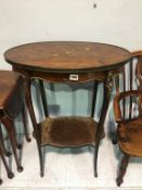 An Edwardian marquetry and parquetry two tier etagere