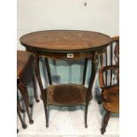 An Edwardian marquetry and parquetry two tier etagere