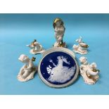 An Italian figurine, four Capo di Monte figures and a Limoges circular box and cover