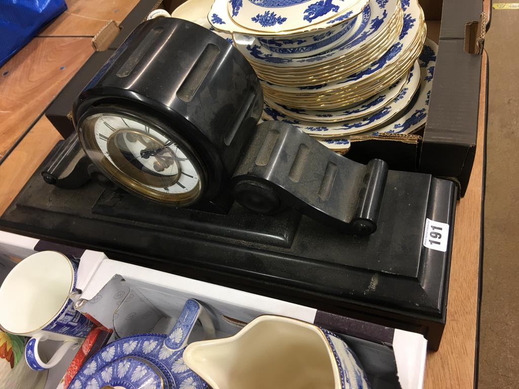 One box of Royal Cauldon dinnerware and a mantle clock