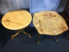 Two onyx topped and heavy brass occasional tables