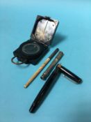 A Military compass, a Parker Victory pen with 14ct nib, a silver propelling pencil etc.