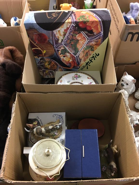 Two boxes; Carlton Ware biscuit barrel, Ringtons, Commemorative glass etc.