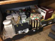 A shelf of assorted, to include a fondue set, cutlery etc.