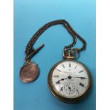 A pocket watch with 9ct gold fob, 5.8 grams