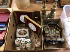 Two boxes including Capo di Monte and a pair of Onyx lamps