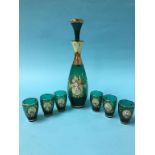 A Bohemian green glass and enamel painted decanter and six glasses