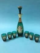 A Bohemian green glass and enamel painted decanter and six glasses