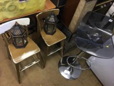 Three stools and two lanterns