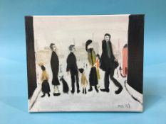 John Goodland, 20th century British, oil on canvas, 'Homage to Lowry', signed with initials,