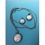 Three silver pocket watches and a watch chain