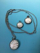 Three silver pocket watches and a watch chain