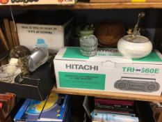Three boxes of assorted and a Hitachi Ghetto Blaster
