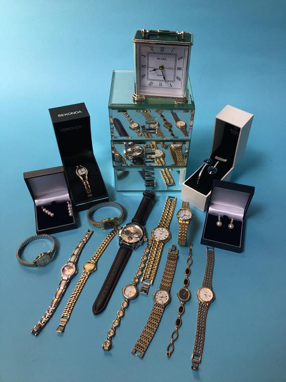 Box of costume jewellery and various wristwatches