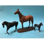 Beswick Red Rum on stand and two Beswick horses