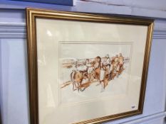 20th century British School, watercolour, 'Children riding donkeys on the beach', signed with