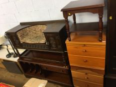 An oak telephone seat, a pair of bedside drawers and a record cabinet etc.