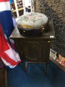 An oak barley twist bedside cabinet and a beadwork top circular stool