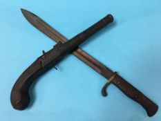 A bayonet, stamped Move-Werke and a flintlock pistol