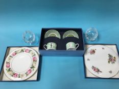 A boxed pair of Dartington Crystal brandy balloon glasses, a boxed Wedgwood 'Millennium' set, and