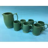 A Wedgwood Keith Murray green water jug and six tankards