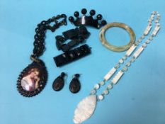 A Continental black framed Cameo pendant and agate jewellery etc.