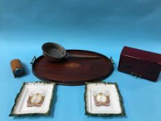 A leather jewellery casket and an Edwardian oval tea tray etc.