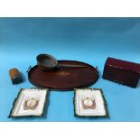 A leather jewellery casket and an Edwardian oval tea tray etc.