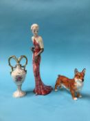 A Goldschneider figure of a Lady, numbered 7224, and a Doulton Corgi etc.