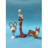 A Goldschneider figure of a Lady, numbered 7224, and a Doulton Corgi etc.