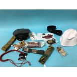 Various military belts and hats etc.