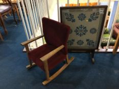 A fire screen and child's rocking chair