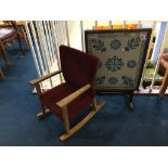 A fire screen and child's rocking chair