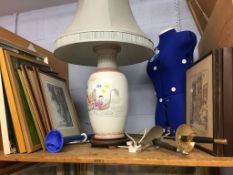 An Oriental lamp, a tailors dummy and prints