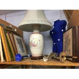 An Oriental lamp, a tailors dummy and prints