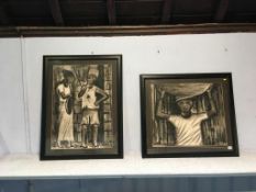 I. Sesay, charcoal, signed, 'Two portraits', 70 x 50cm and 53 x 63cm
