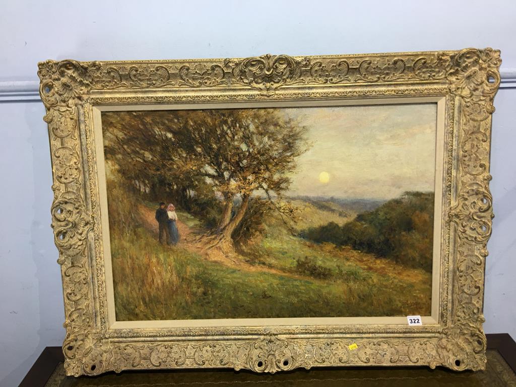 Indistinctly signed, oil on canvas, signed, dated 1914, 'Couple walking down a country lane at - Image 2 of 3