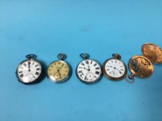 Two silver pocket watches and three others