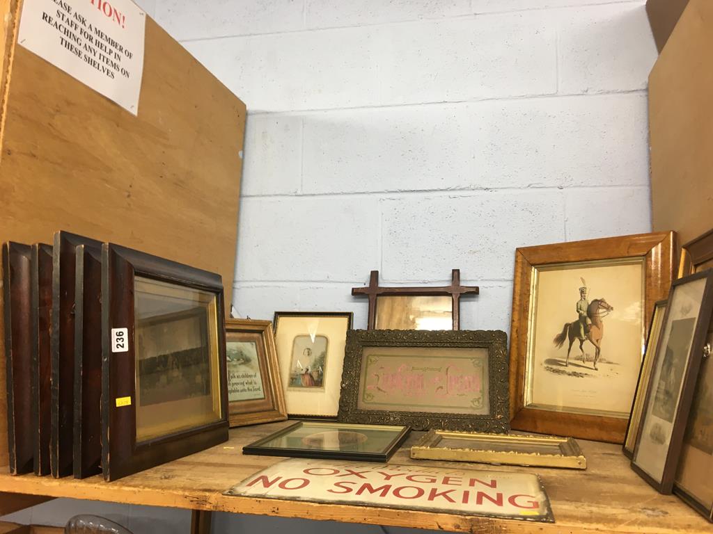 Various antique prints and an enamel sign