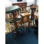 Three green leather footstools, a plant pedestal etc.