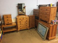 Four pine chests of drawers, dressing table, tea trolley etc.