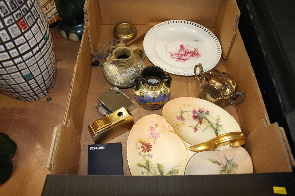 Tray of assorted including a Royal Worcester dish, Gouda vase etc.