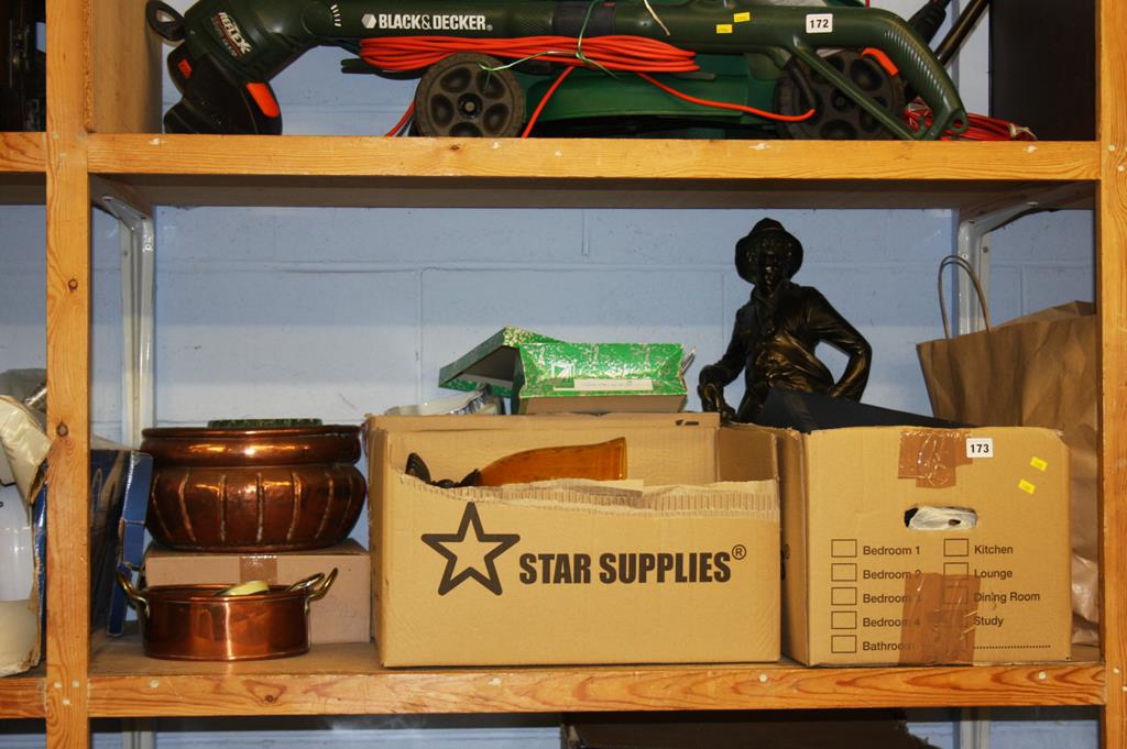 Three boxes of assorted, a copper planter etc.