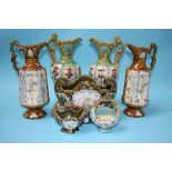 Two pairs of Continental majolica ewers, two baskets and a vase (7)