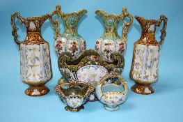 Two pairs of Continental majolica ewers, two baskets and a vase (7)