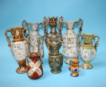 A quantity of Continental majolica ewers and vases etc. (8)