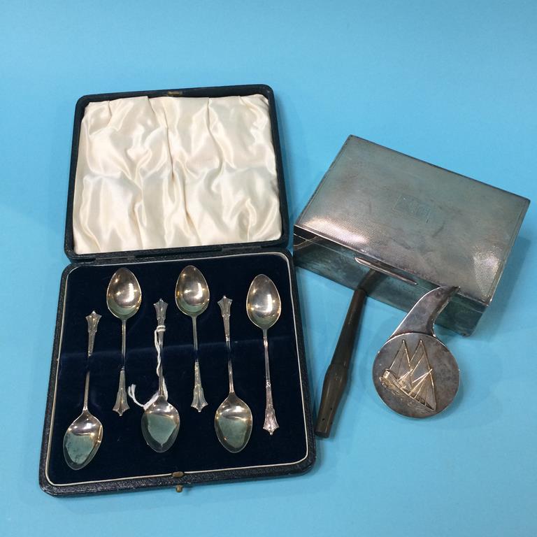 A silver cigarette box, six silver spoons and a Christofle letter opener