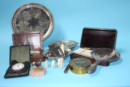 Tray of assorted including a bronze, pens, boxes etc.