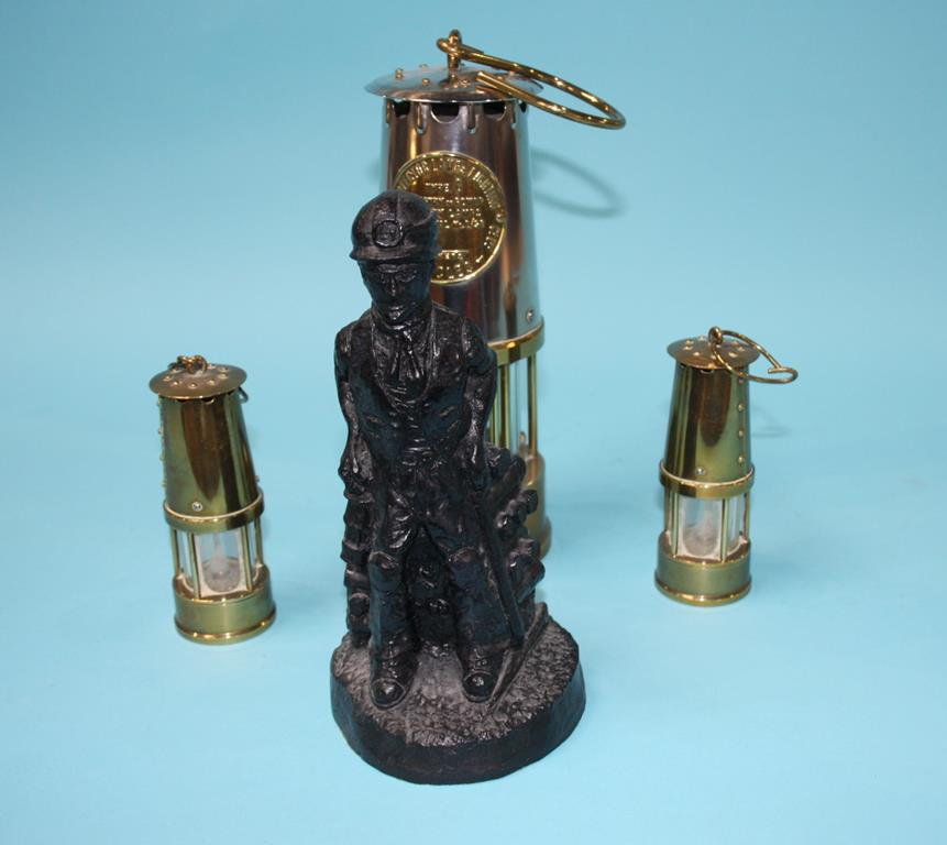 An Eccles Miner's lamp, a carved figure etc.