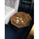 An octagonal occasional table, inlaid with elephants